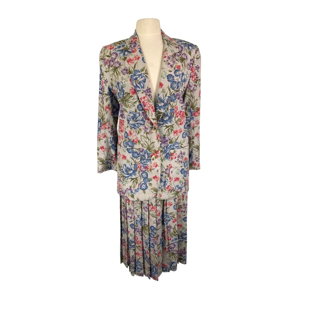 That's Me! VTG 80s 90s Gray Floral Skirt Suit Set 2pc Blazer Pleated Skirt NWT